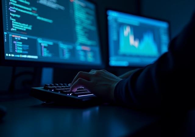 Cyber Security Expert analyzing code on multiple monitors